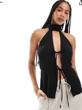 ASOS Black Halter Backless Tie-Front Top